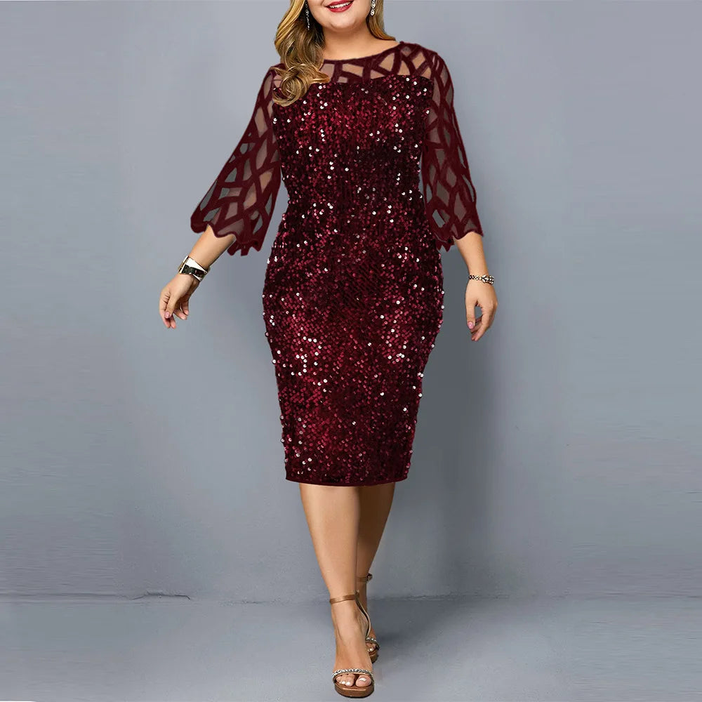 Women's Fashion Dresses Lace Sleeve Shining Lady Casual Fashion Dress Sexy Mom Clothing O neck