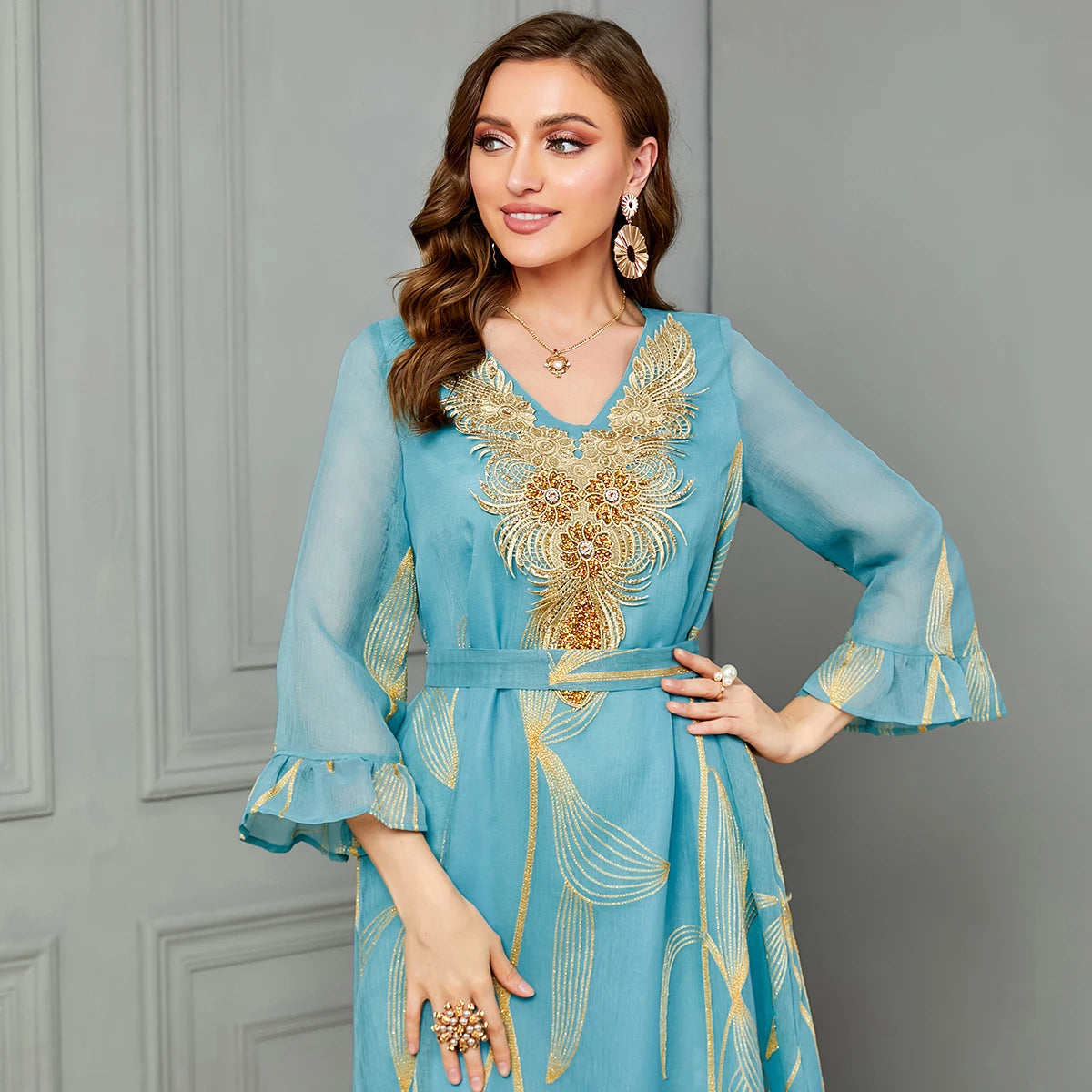 Women's Elegant Embroidery Applique Moroccan Kaftan Dubai Party Robe Abaya Dress