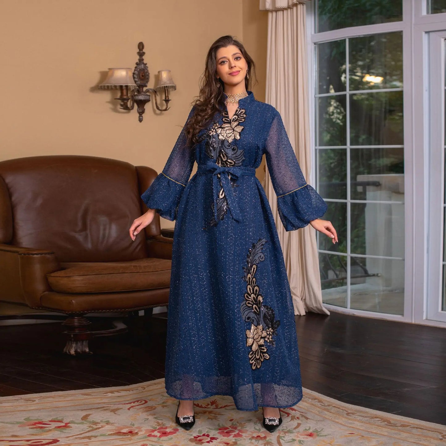 Women's Elegant Classy Party Abaya Dress Fashion Dubai Turkey Robe Stand Collar With Belt