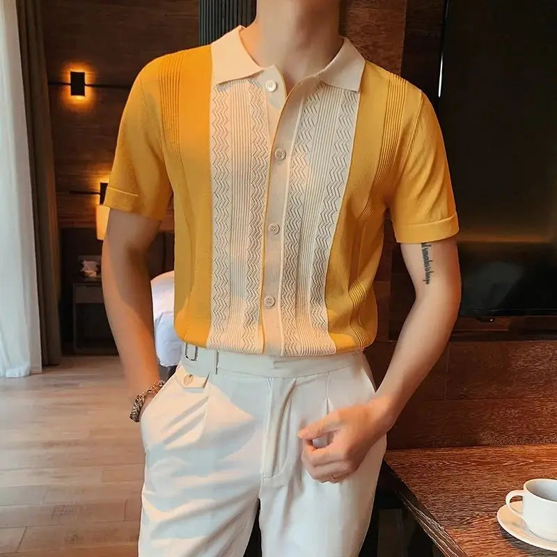 Men's Casual Straight Short Sleeve Premium Patchwork Button Man Turn-down Collar Fashion