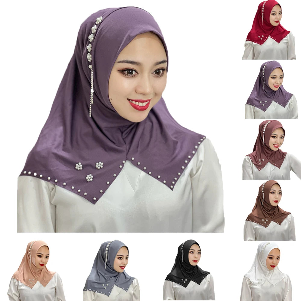 Women's Fashion Muslim Floral Beads Tassel Instant Hijab