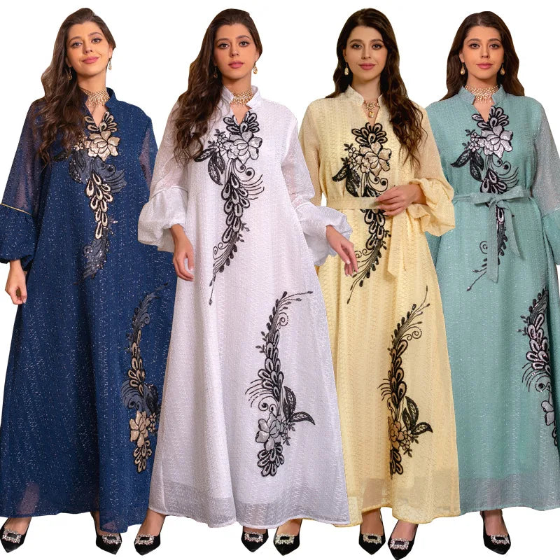 Women's Elegant Classy Party Abaya Dress Fashion Dubai Turkey Robe Stand Collar With Belt
