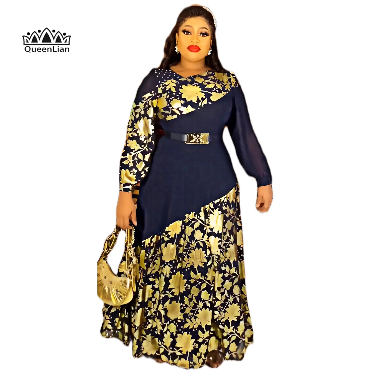 Elegant African Design Maxi Gold Print Dress with Belt for Evening Party