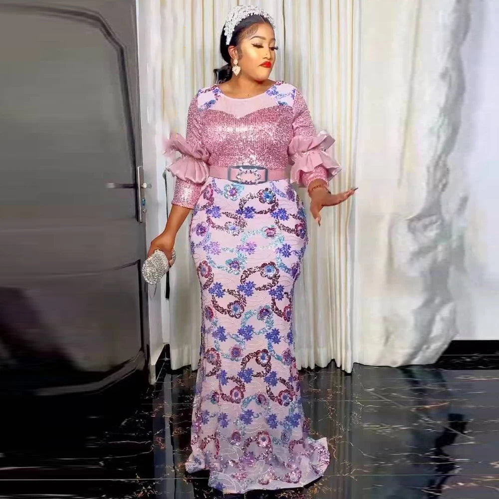 Luxury African Women Elegant Evening Dresses with Belt