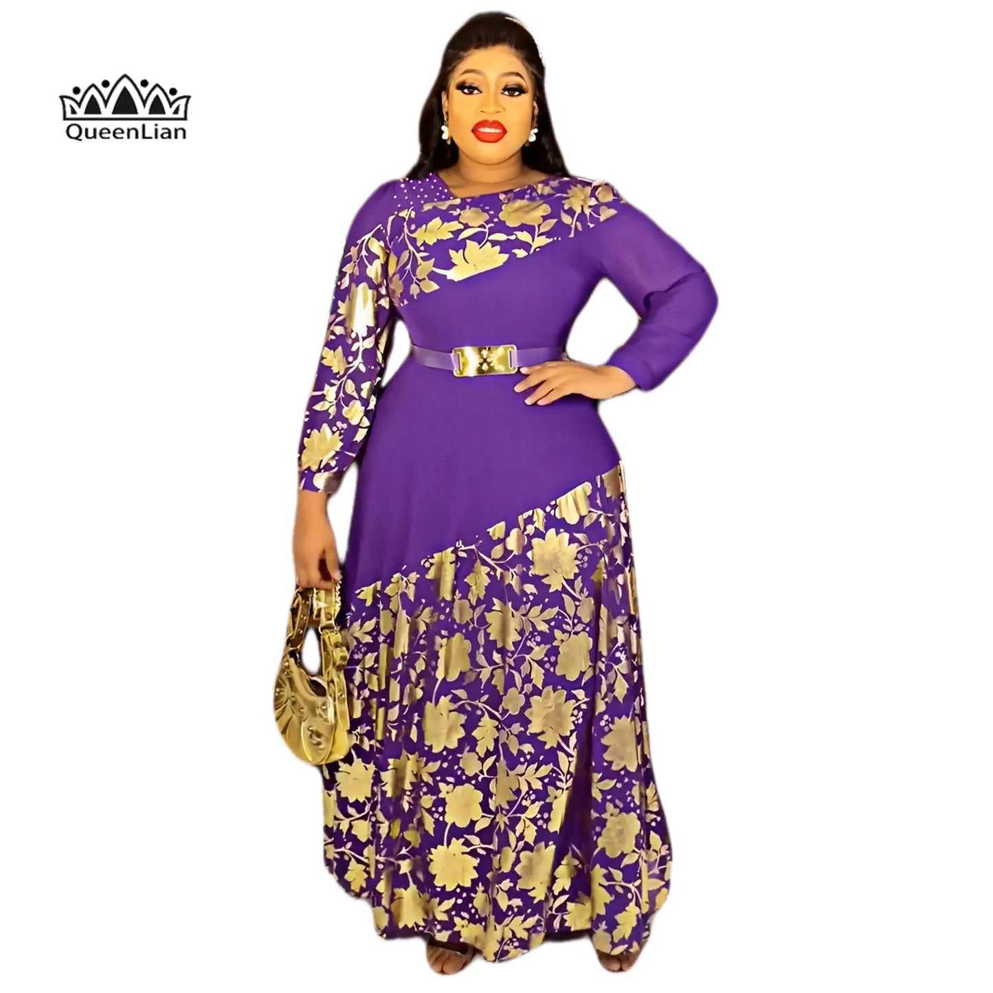 Elegant African Design Maxi Gold Print Dress with Belt for Evening Party