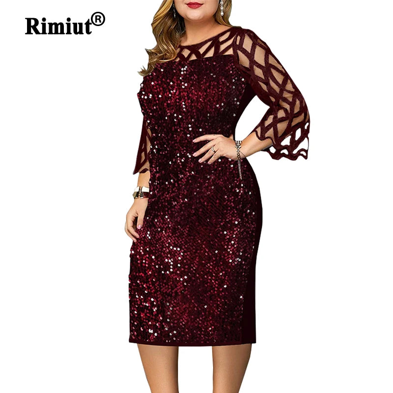 Women's Fashion Dresses Lace Sleeve Shining Lady Casual Fashion Dress Sexy Mom Clothing O neck