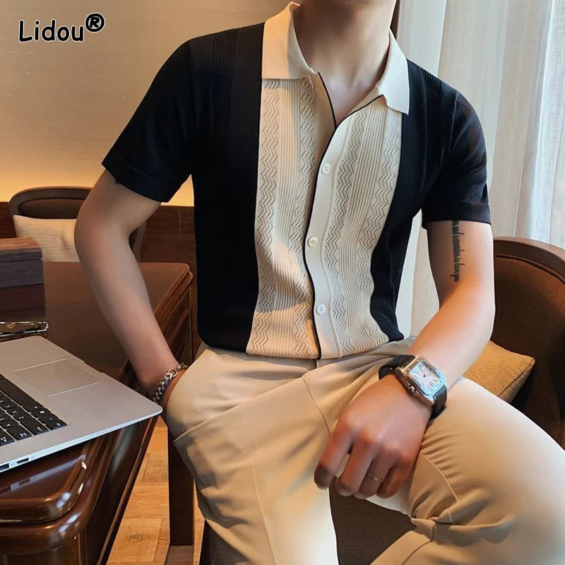 Men's Casual Straight Short Sleeve Premium Patchwork Button Man Turn-down Collar Fashion