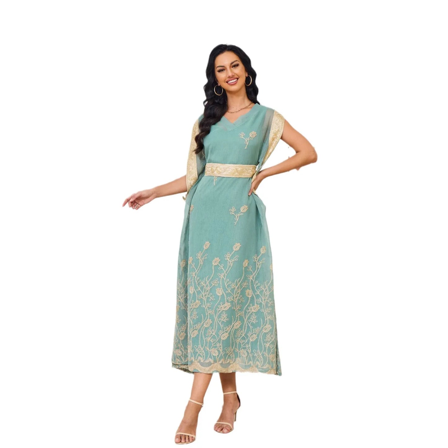 Women's Elegant Sleeveless V-neck Dubai Abaya Turkish Islam Clothing High Waist for Party