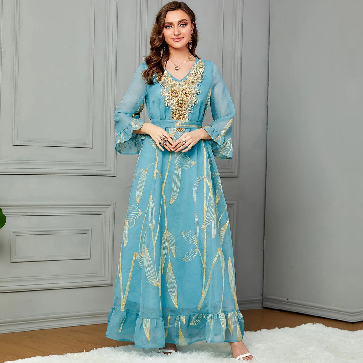 Women's Elegant Embroidery Applique Moroccan Kaftan Dubai Party Robe Abaya Dress