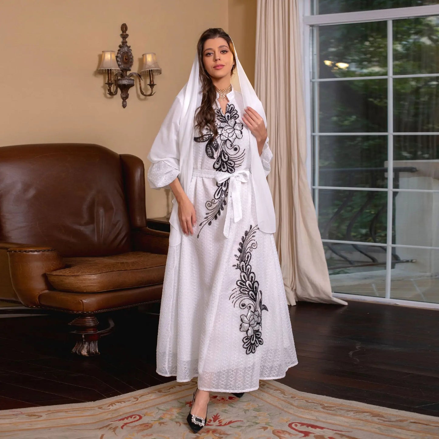 Women's Elegant Classy Party Abaya Dress Fashion Dubai Turkey Robe Stand Collar With Belt