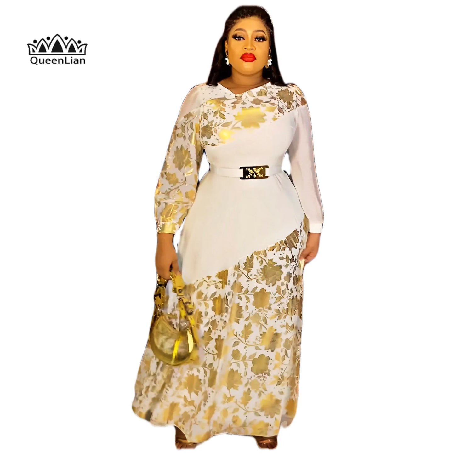Elegant African Design Maxi Gold Print Dress with Belt for Evening Party