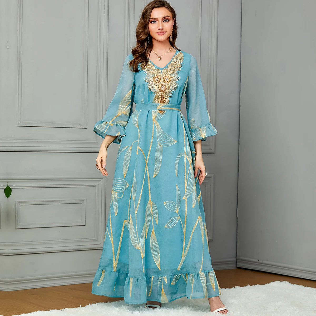 Women's Elegant Embroidery Applique Moroccan Kaftan Dubai Party Robe Abaya Dress