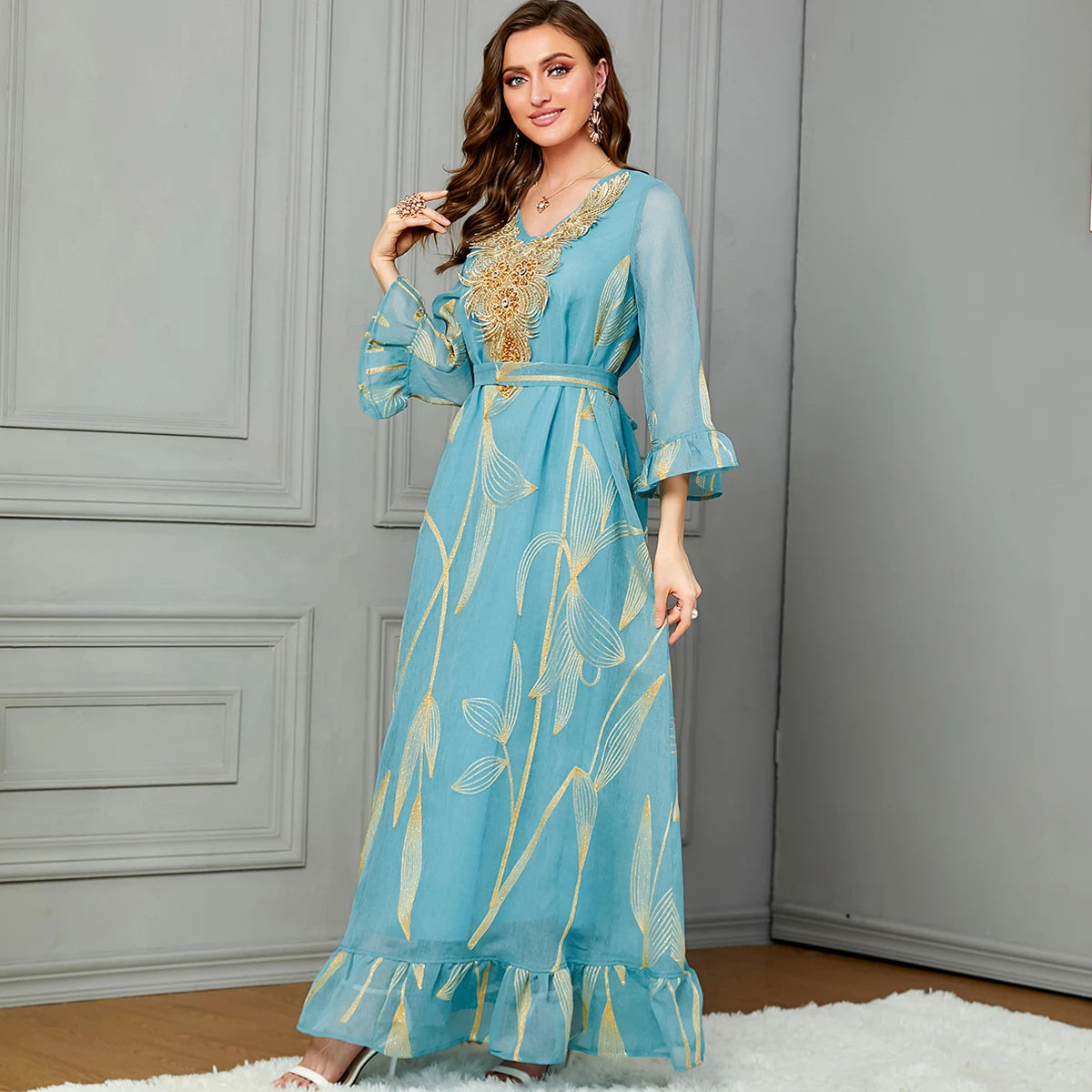 Women's Elegant Embroidery Applique Moroccan Kaftan Dubai Party Robe Abaya Dress