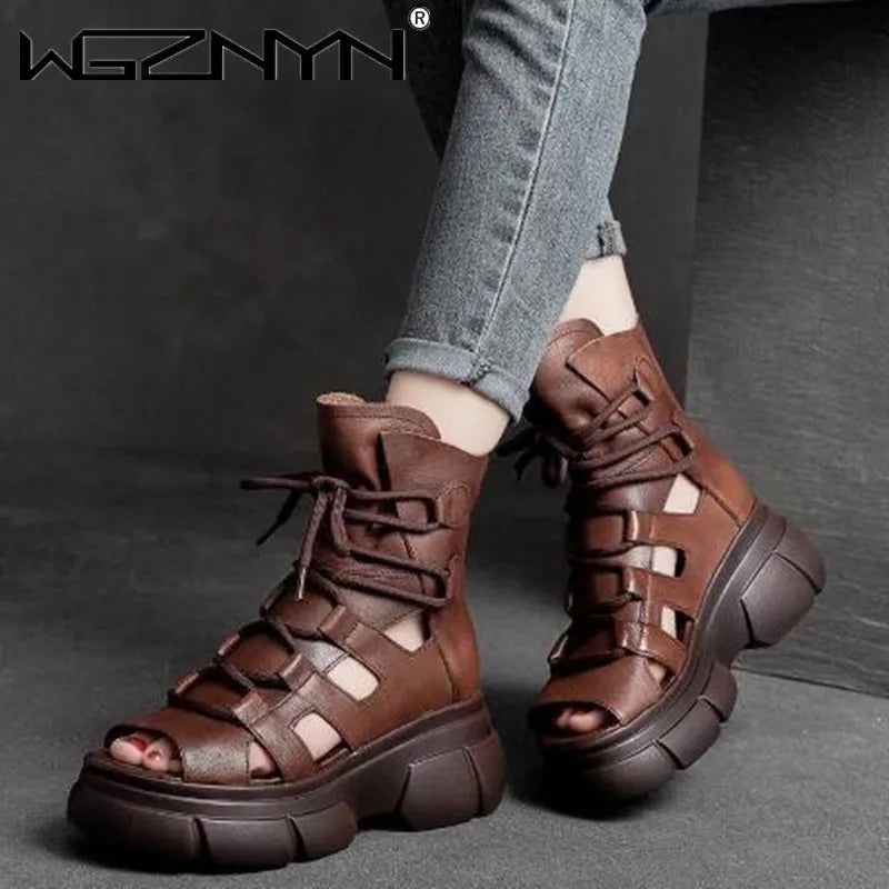 Women's Genuine PU Leather Zip Retro Sandals Shoes