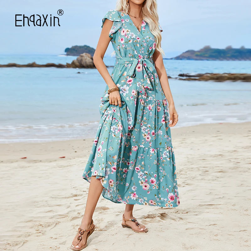 Women's Printed V-neck Elegant Short Sleeve Dress Bohemian Vacation Beach Dresses