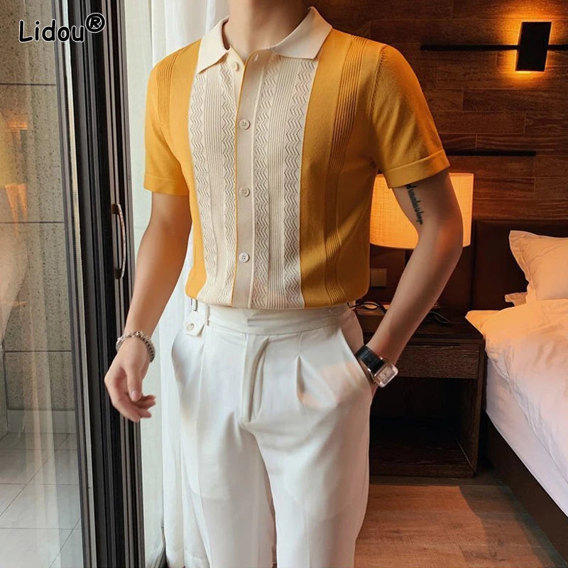 Men's  Casual Straight Short Sleeve Premium Patchwork Button Man Turn-down Collar Fashion