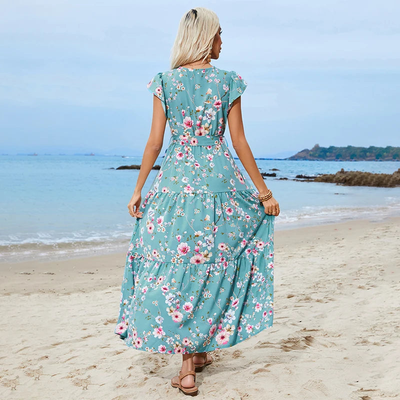 Women's Printed V-neck Elegant Short Sleeve Dress Bohemian Vacation Beach Dresses