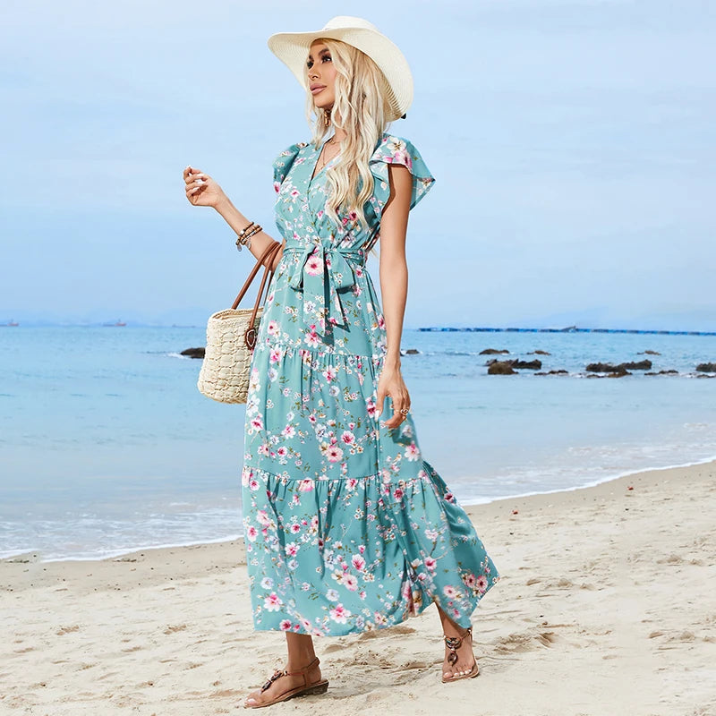 Women's Printed V-neck Elegant Short Sleeve Dress Bohemian Vacation Beach Dresses