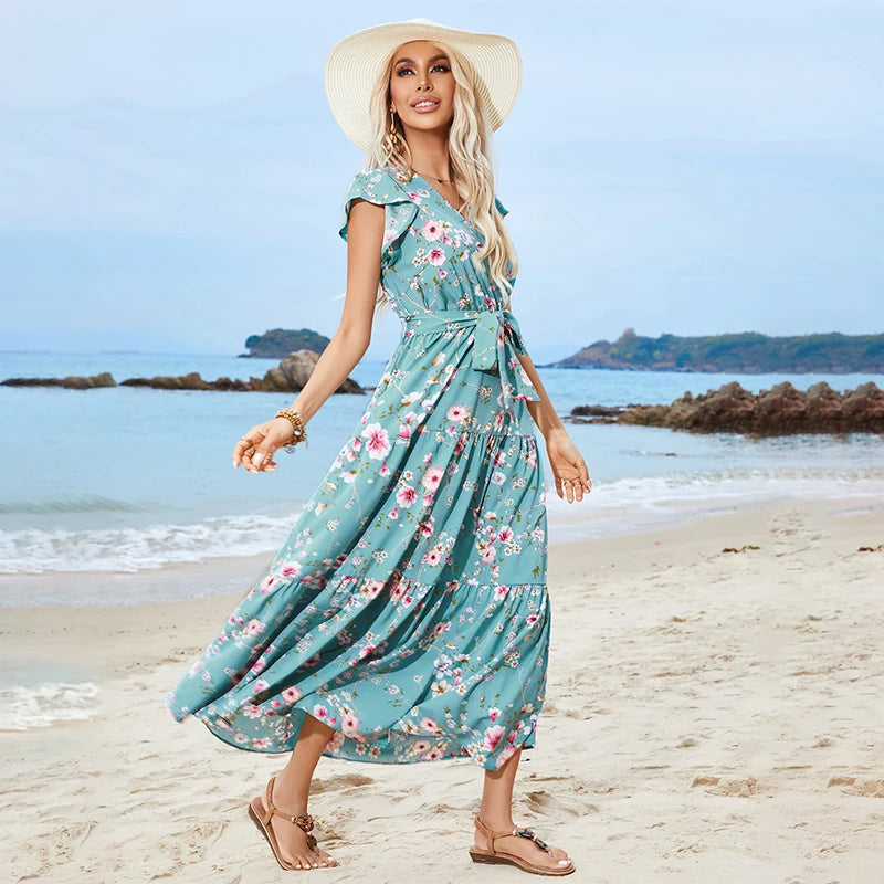 Women's Printed V-neck Elegant Short Sleeve Dress Bohemian Vacation Beach Dresses