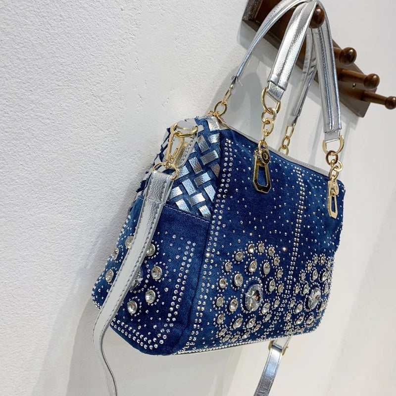 Women's Fashion Hot Diamond Denim Bag Canvas Square Handbag