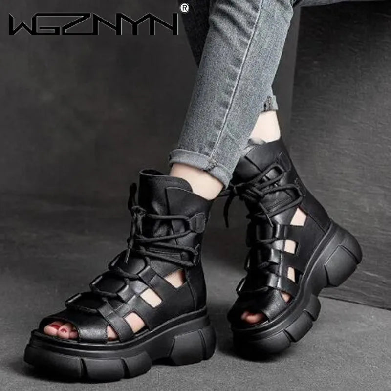 Women's Genuine PU Leather Zip Retro Sandals Shoes