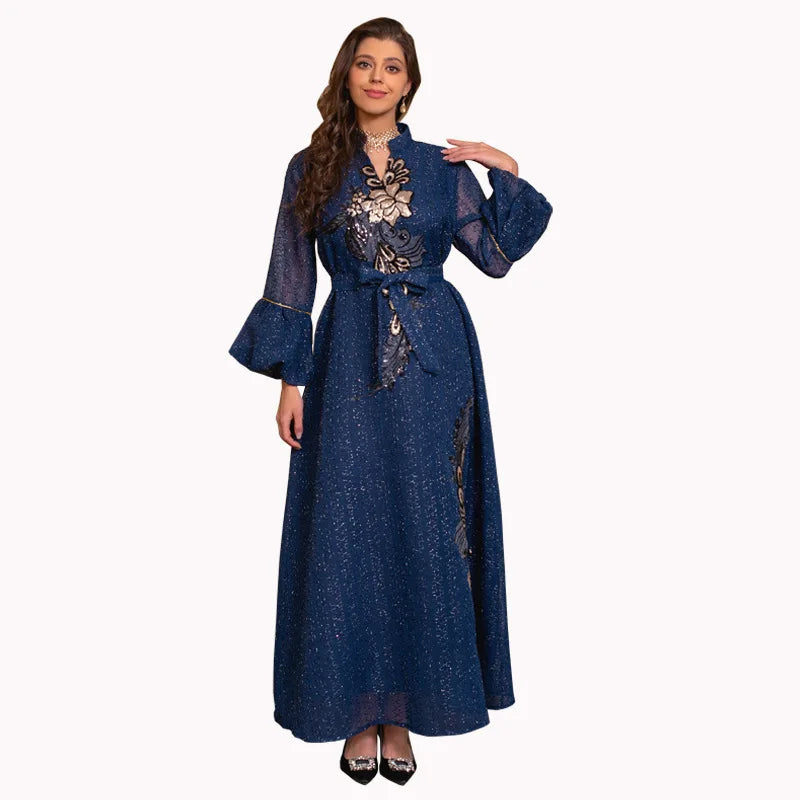 Women's Elegant Classy Party Abaya Dress Fashion  Dubai Turkey Robe Stand Collar With Belt