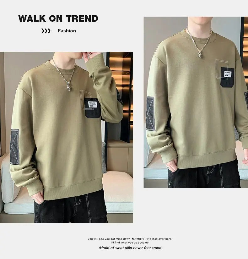 Men's Long Sleeve Sweatshirts Fashion Brand Premium Round Neck Loose and Versatile Handsome Spliced Casual