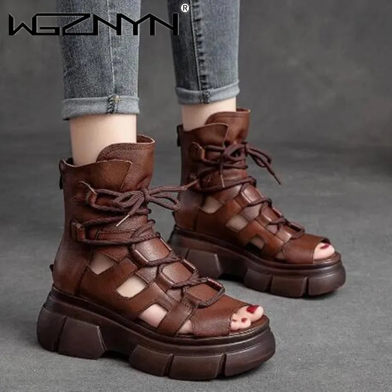 Women's Genuine PU Leather Zip Retro Sandals Shoes