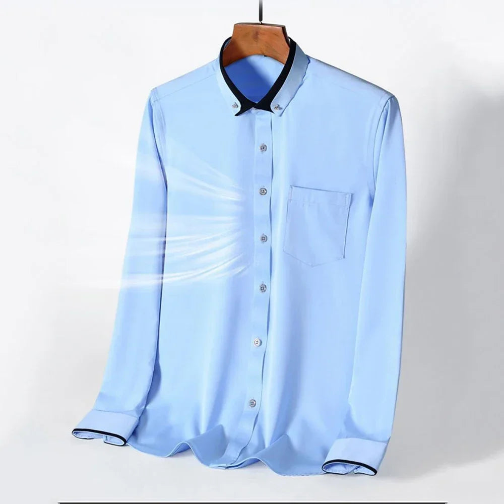 Long-sleeved shirt men's double collar elastic business casual Slim solid color breathable