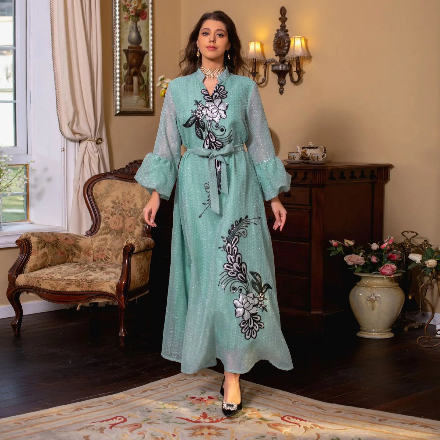 Women's Elegant Classy Party Abaya Dress Fashion  Dubai Turkey Robe Stand Collar With Belt