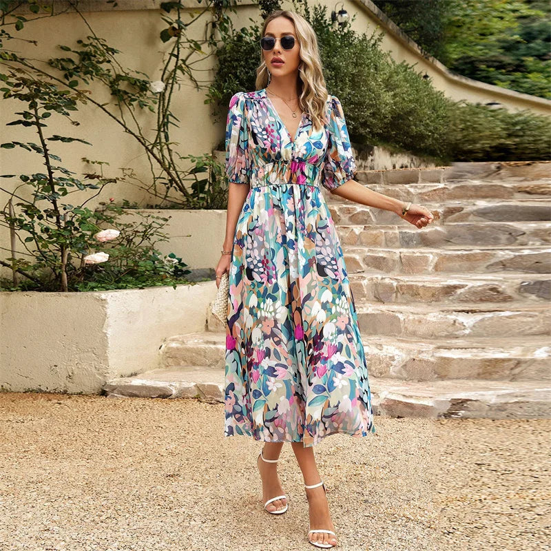 Women's Printed Fashion Dresses V-neck Short-sleeves Slim Maxi Dresses