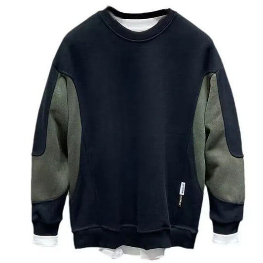 Men's Fashion Patchwork Round Neck Pullover with Contrasting Colors and Versatile Casual