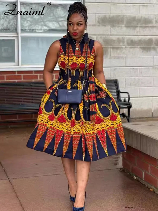 Elegant Short Graphic Print  African Dresses Women Summer Sexy Sleeveless A-line Loose