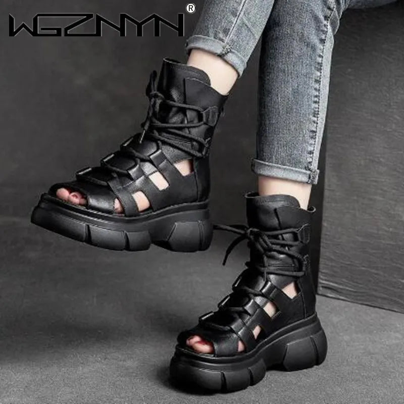 Women's Genuine PU Leather Zip Retro Sandals Shoes