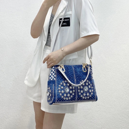 Women's Fashion Hot Diamond Denim Bag Canvas Square Handbag