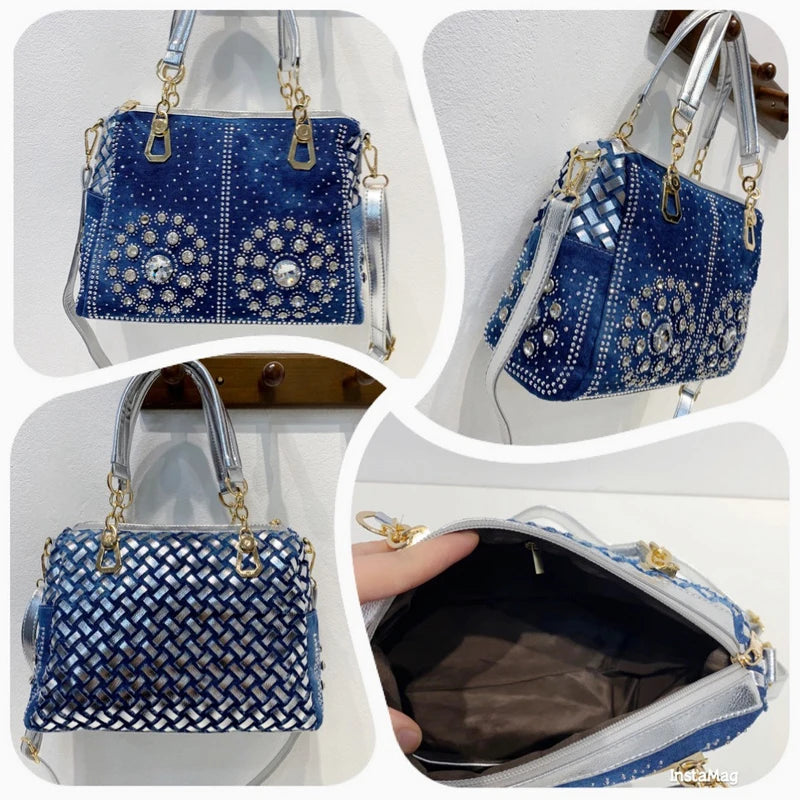 Women's Fashion Hot Diamond Denim Bag Canvas Square Handbag