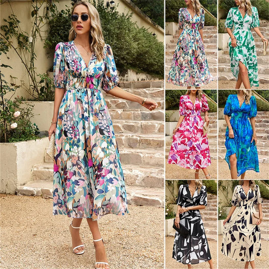 Women's Printed Fashion Dresses V-neck Short-sleeves Slim Maxi Dresses