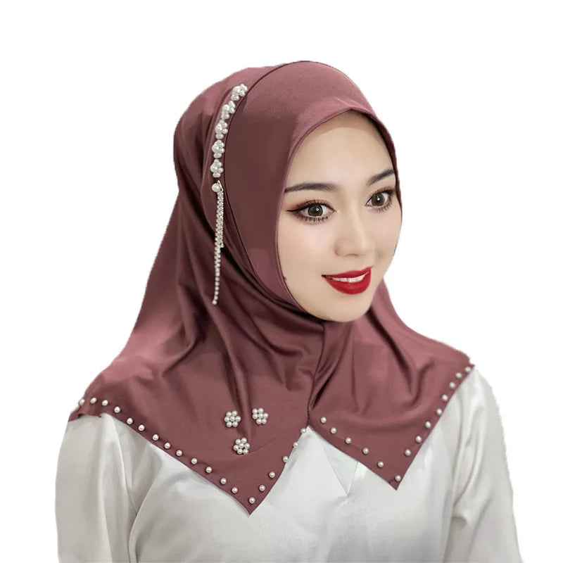 Women's Fashion  Muslim Floral Beads Tassel Instant Hijab