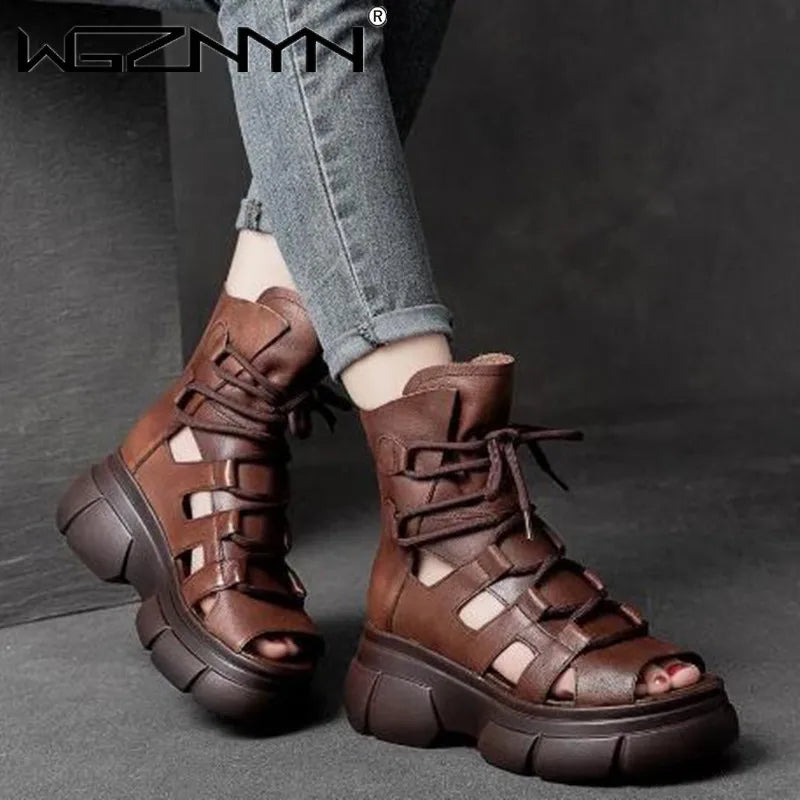 Women's Genuine PU Leather Zip Retro Sandals Shoes