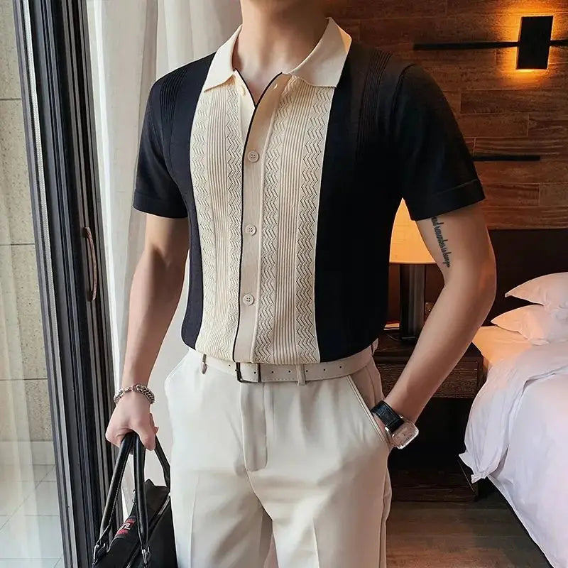 Men's  Casual Straight Short Sleeve Premium Patchwork Button Man Turn-down Collar Fashion