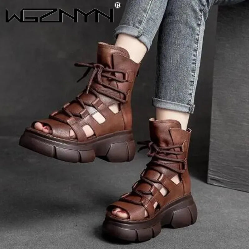 Women's Genuine PU Leather Zip Retro Sandals Shoes