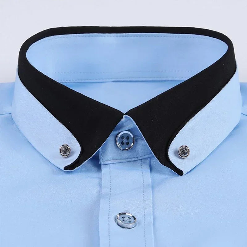 Long-sleeved shirt men's double collar elastic business casual Slim solid color breathable